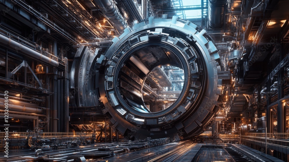 Gigantic mechanical gears interlocking perfectly in a high-tech manufacturing setup Gigantic mechanical gears interlocking perfectly in a high-tech manufacturing setup