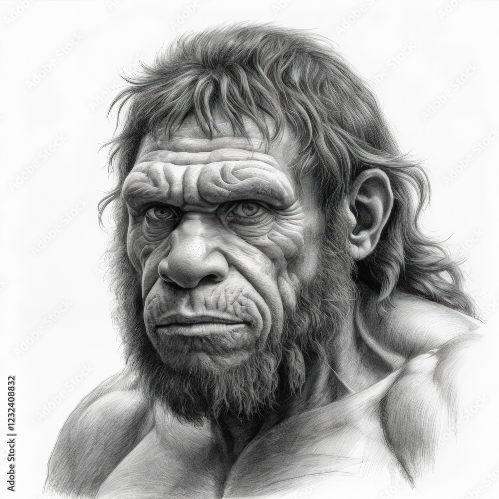Pencil drawing portrait of Neanderthal man. Pencil drawing portrait of Neanderthal man.