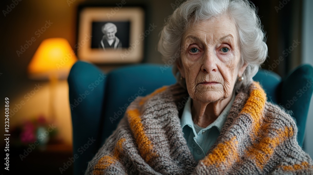 A serious-looking elderly woman sits wrapped in a cozy shawl, her solemn expression reflecting a rich life filled with stories and untold memories captured in her gaze. A serious-looking elderly woman sits wrapped in a cozy shawl, her solemn expression reflecting a rich life filled with stories and untold memories captured in her gaze.