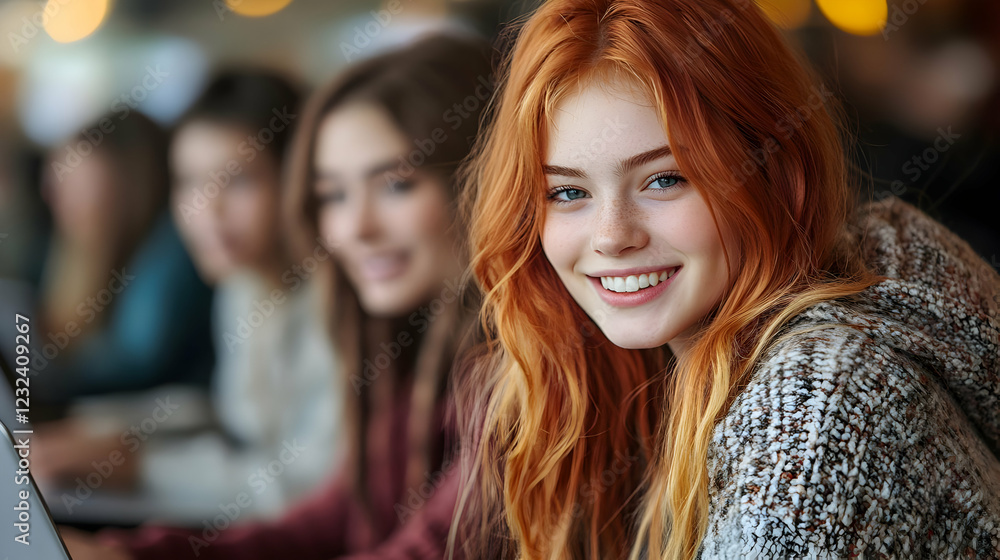 Red-haired Girl Smiles Brightly in Cafe with Friends in Background, Joyful Cafe Scene. Red-haired Girl Smiles Brightly in Cafe with Friends in Background, Joyful Cafe Scene.