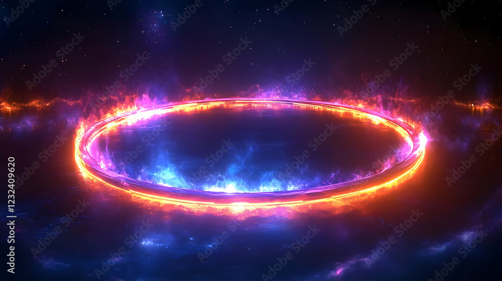 Glowing Neon Circle Emits Vibrant Light against a Dark, Starry Background with Colorful Clouds Glowing Neon Circle Emits Vibrant Light against a Dark, Starry Background with Colorful Clouds