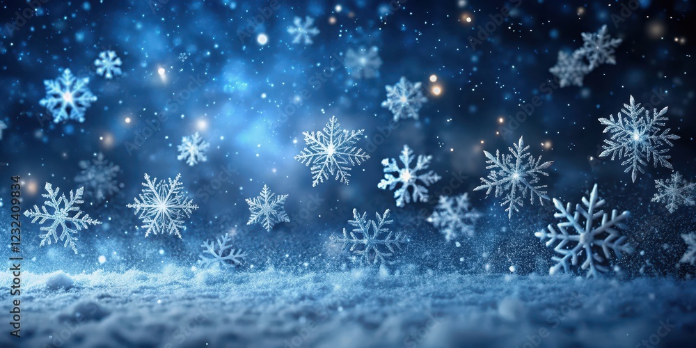Delicate snowflakes gently fall onto a dark and snowy background Delicate snowflakes gently fall onto a dark and snowy background