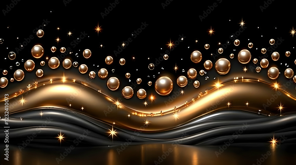 Golden Pearls Flow over Black Waves with Sparkling Stars, Creating a Luxurious 3D Abstract Background. Golden Pearls Flow over Black Waves with Sparkling Stars, Creating a Luxurious 3D Abstract Background.