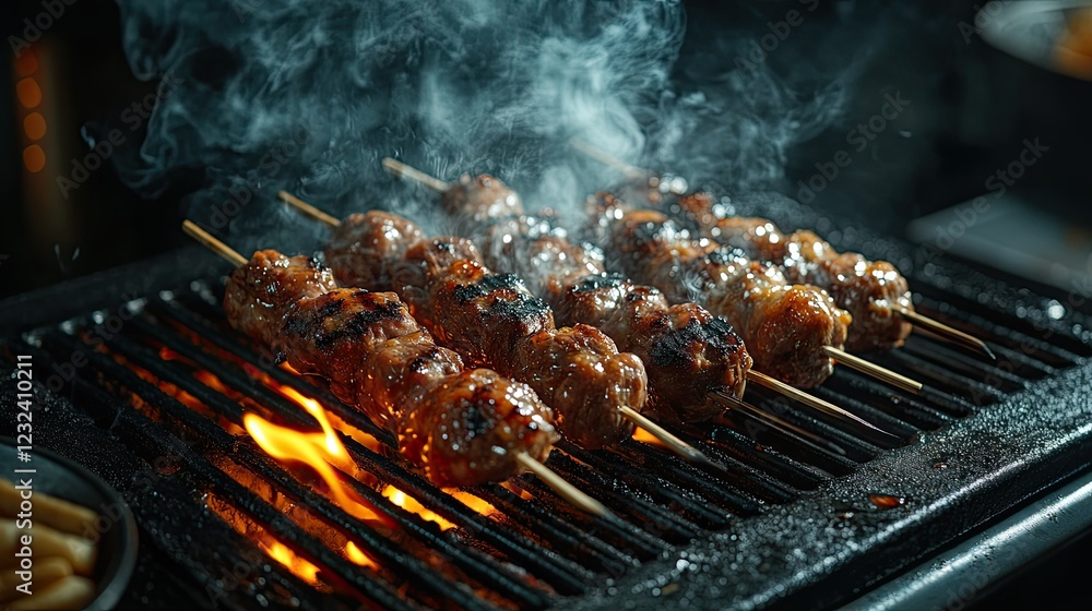 Close-up of sizzling meat skewers on a hot grill with smoke and flames. Close-up of sizzling meat skewers on a hot grill with smoke and flames.