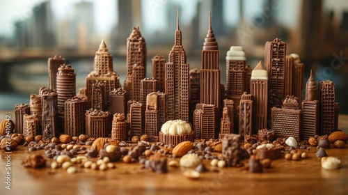 A miniature cityscape made of chocolate with nuts and other chocolate candies.