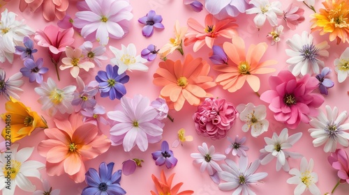 A vibrant mix of spring flowers in full bloom scattered across a baby pink paper background, highlighting their intricate details and fresh colors.