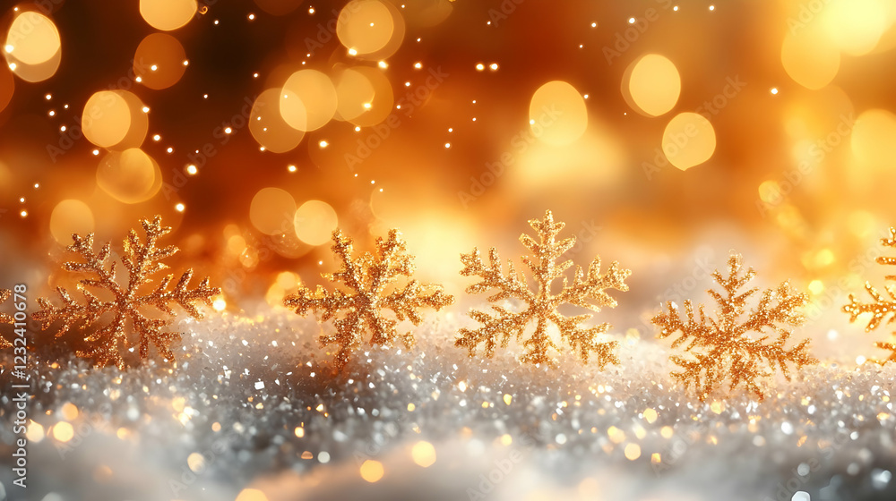 Golden Snowflakes Adorn Sparkling Snow with Festive Holiday Lights Beautifully Golden Snowflakes Adorn Sparkling Snow with Festive Holiday Lights Beautifully