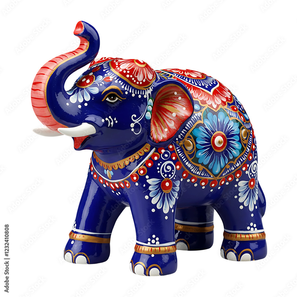 Obraz premium Decorated Blue Elephant Figurine with Colorful Floral Patterns On Transparent Background 
