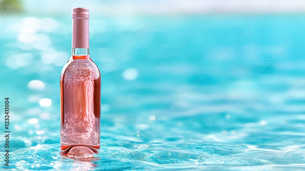 A bottle of rosé wine glimmering in clear turquoise water, capturing the essence of refreshing summer days, leisure, and relaxation by the poolside. A bottle of rosé wine glimmering in clear turquoise water, capturing the essence of refreshing summer days, leisure, and relaxation by the poolside.