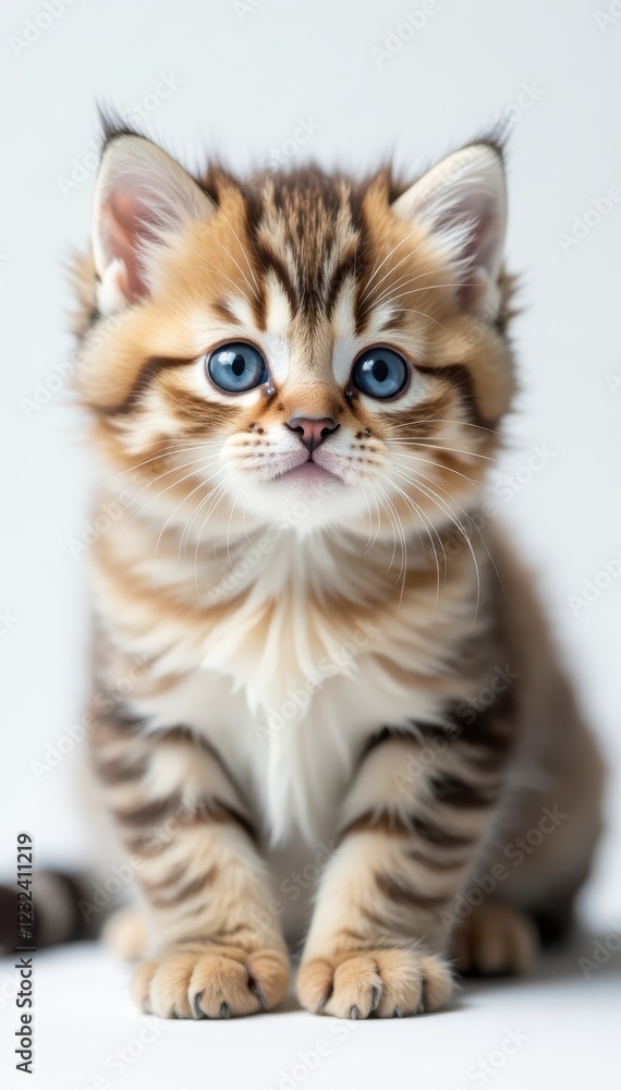 Fluffy British Shorthair kitten, adorable blue eyes, white backdrop, mammal, paws Fluffy British Shorthair kitten, adorable blue eyes, white backdrop, mammal, paws
