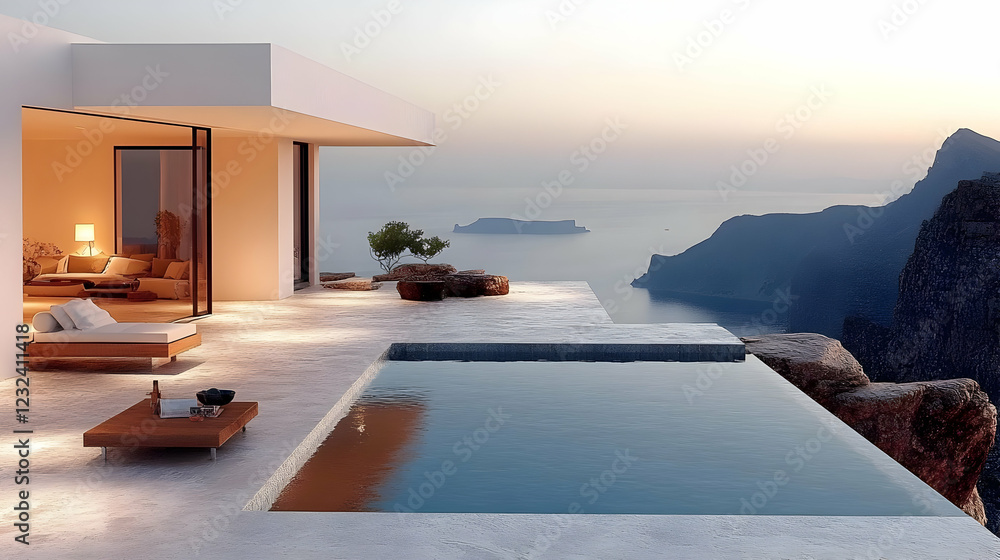 Fototapeta premium Modern Cliffside Villa with Infinity Pool Overlooking Ocean and Mountains at Sunset