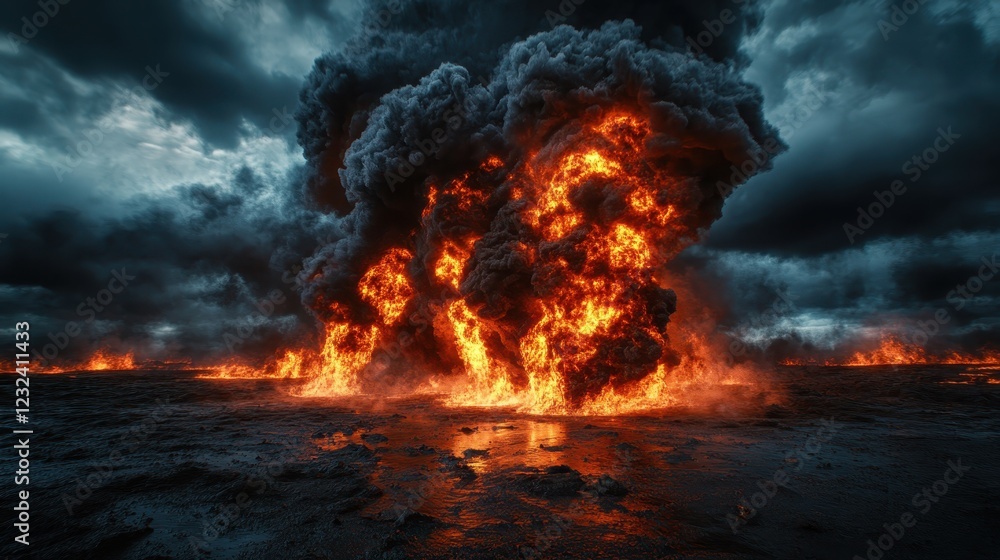 A striking image of a massive explosion with fiery flames and thick smoke, conveying the intensity of destruction and the raw power of nature's forces in a dramatic scene. A striking image of a massive explosion with fiery flames and thick smoke, conveying the intensity of destruction and the raw power of nature's forces in a dramatic scene.