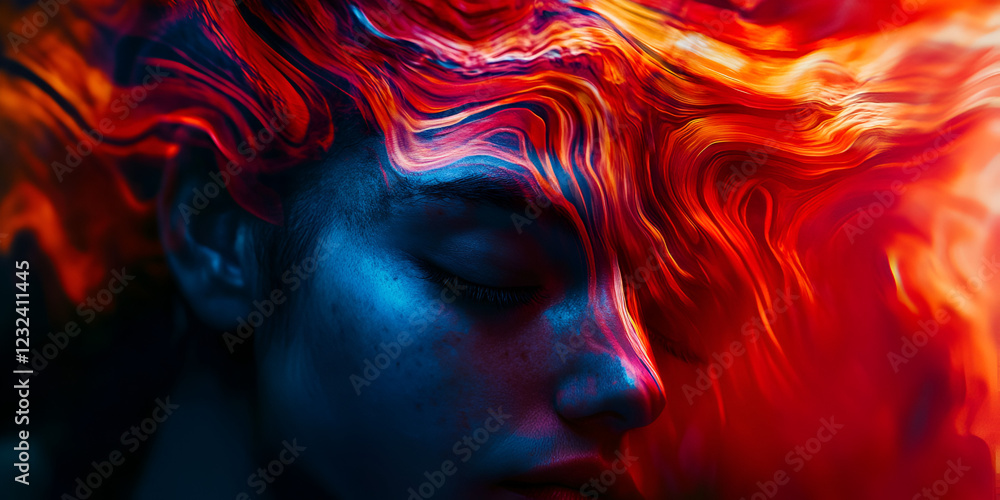 Woman with abstract flowing hair, Creative portrait with dynamic hair effects
Woman with abstract flowing hair, Creative portrait with dynamic hair effects
