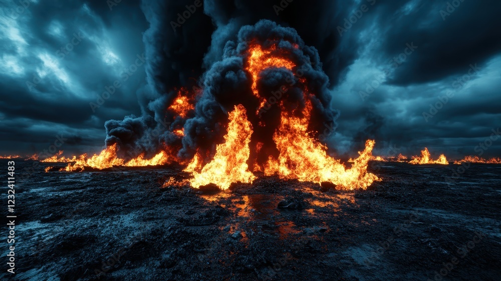A stunning visualization of a fiery explosion against a backdrop of dark, ominous clouds, representing chaos and powerful natural forces at play in the landscape. A stunning visualization of a fiery explosion against a backdrop of dark, ominous clouds, representing chaos and powerful natural forces at play in the landscape.