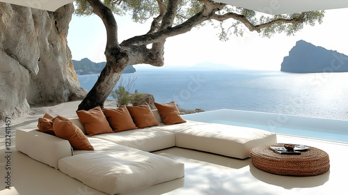 Luxury outdoor living room overlooks a serene ocean view, featuring comfortable seating and stunning scenery.