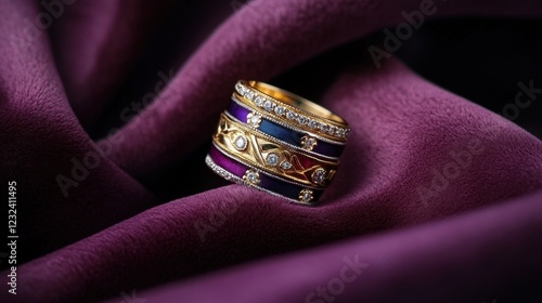 Sapphire and diamond-studded ring on a royal purple velvet surface photo