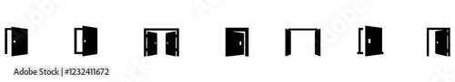 Door icon set. Open door. Open the door icon. Door front vector icon. Vector illustration. EPS 10