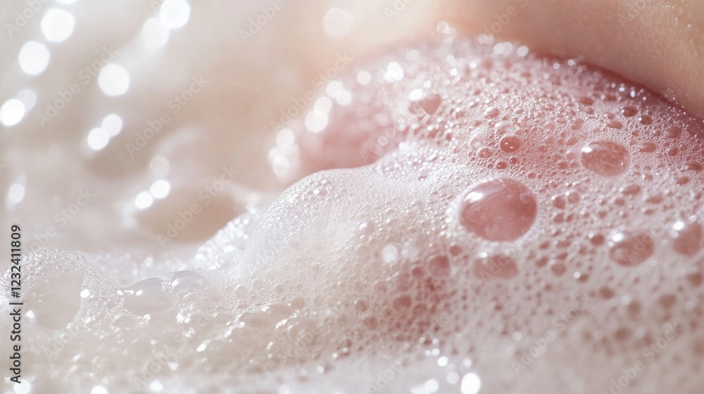 Fototapeta premium Macro close up of soap bubbles on skin texture.