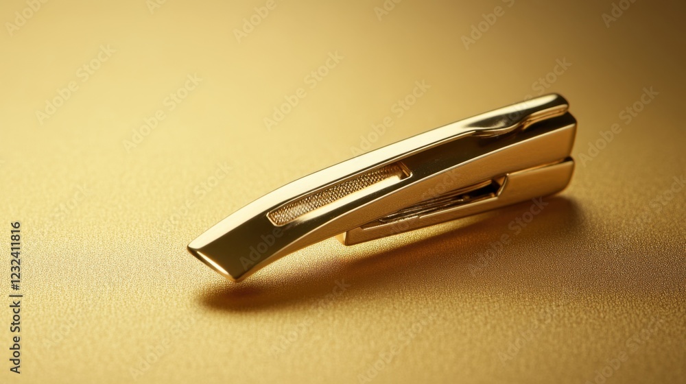 Shiny gold tie clip resting on a soft, matte gold gradient background. Shiny gold tie clip resting on a soft, matte gold gradient background.