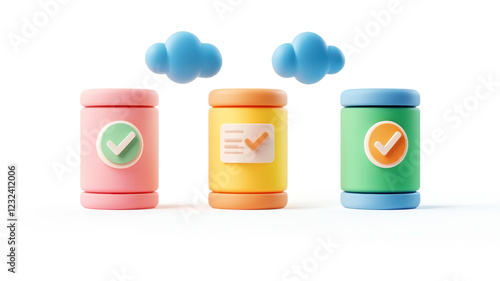 Wallpaper Mural Three colorful storage containers with check marks and clouds above, symbolizing organization, data management, and cloud storage. Torontodigital.ca