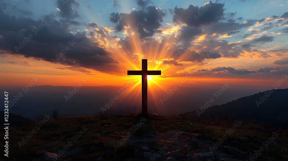 Fototapeta premium A cross is lit up in the sky above a mountain. The sun is setting, casting a warm glow over the scene. Concept of peace and spirituality, as the cross is a symbol of faith
