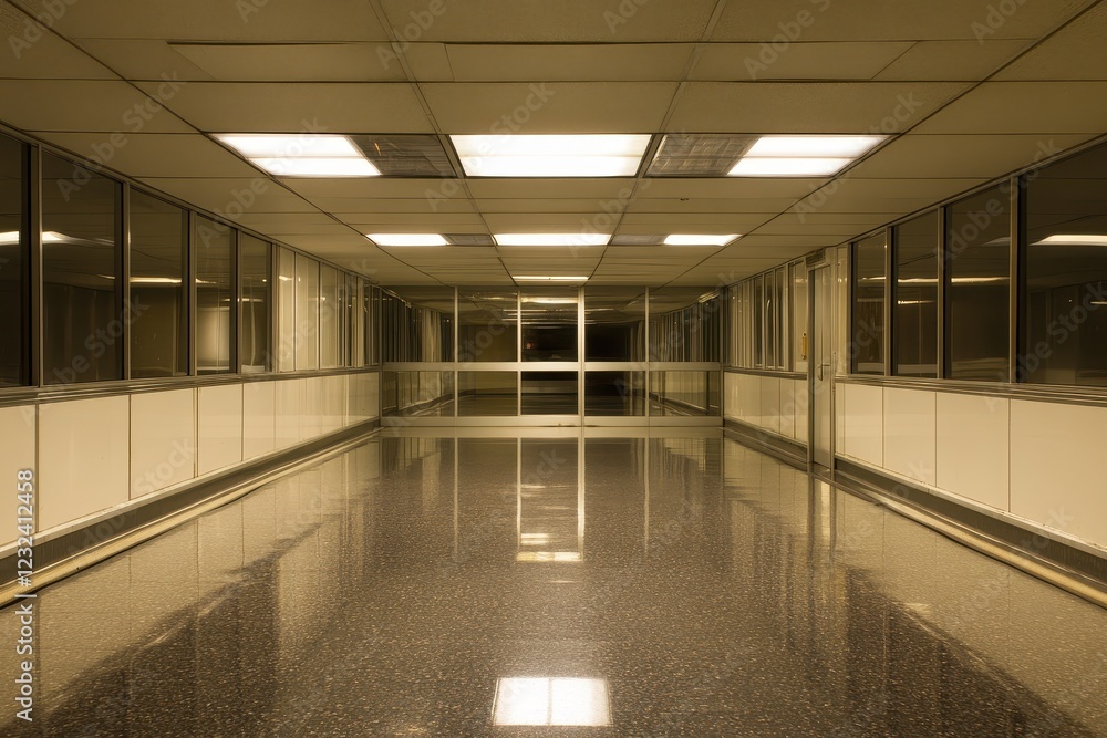 Fototapeta premium Modern empty corridor with reflective floor and overhead lights