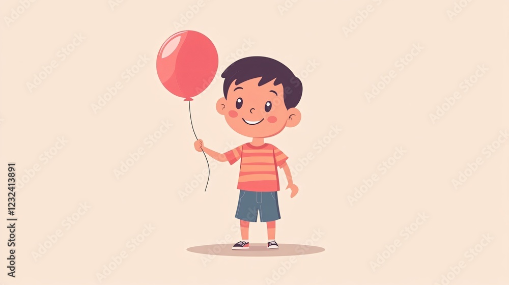 Smiling Child with Balloon Flat Vector Illustration for Celebratory Designs Smiling Child with Balloon Flat Vector Illustration for Celebratory Designs