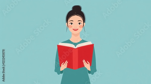 Smiling Chinese Teacher Woman Holding Book Flat Vector Illustration photo