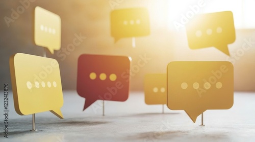Colorful speech bubbles floating in a sunlit room representing communication and conversation concepts