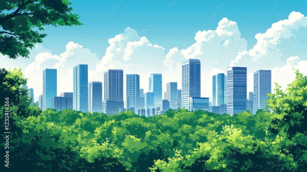 Obraz premium Vibrant city skyline viewed from a lush green forest, under a bright, sunny sky with fluffy white clouds. Pixel art style