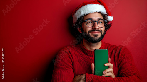 Man in Santa Hat Holds Gree...