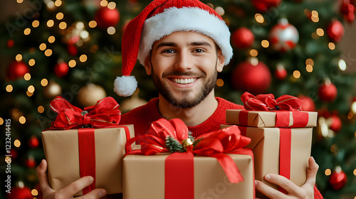 Man Holds Christmas Gifts w...