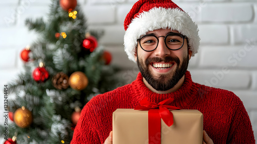 Man in Santa Hat Holds Chri...