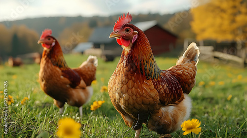 Two Brown Chickens Stand in...