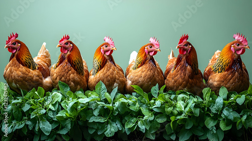 Six brown hens perch on lus...