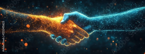 Glowing Hands Shaking Digital Connection Teamwork Partnership Abstract Network