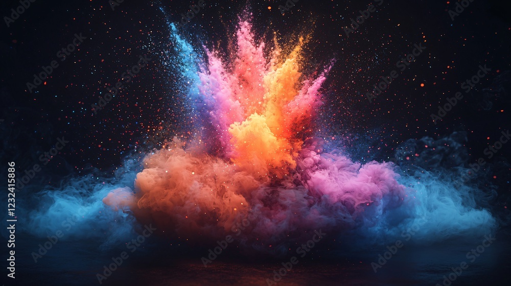 Naklejka premium Colorful powder explosion, dark background, vibrant hues, design element