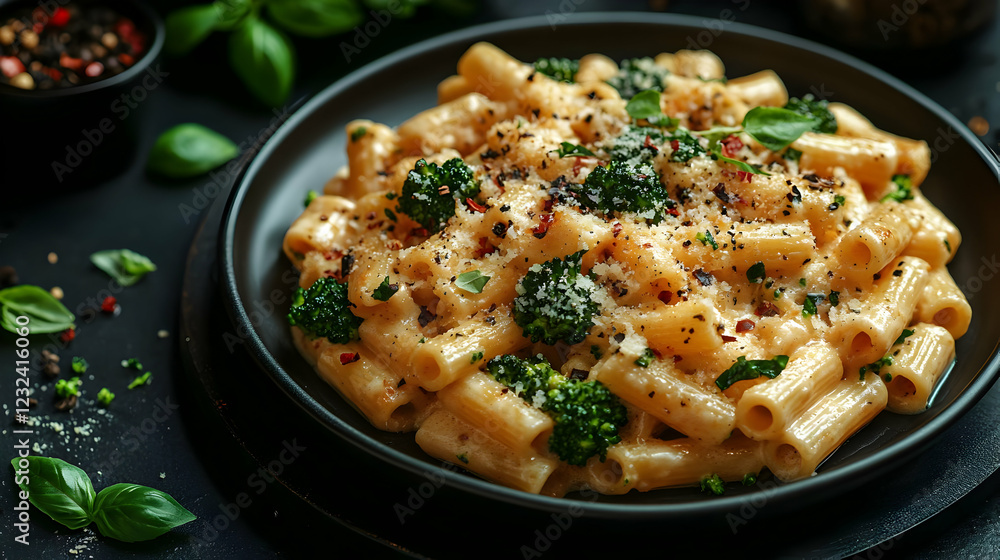 Creamy Pasta Dish with Broccoli and Parmesan Cheese, Served on a Dark Plate with Basil Garnish. Creamy Pasta Dish with Broccoli and Parmesan Cheese, Served on a Dark Plate with Basil Garnish.