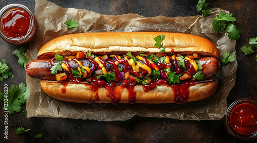 Delicious hot dog topped wi...