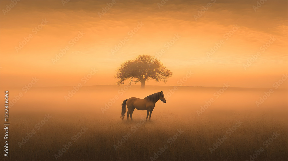 Lone horse in foggy field at sunrise, tree in background, peaceful scene, nature photography Lone horse in foggy field at sunrise, tree in background, peaceful scene, nature photography