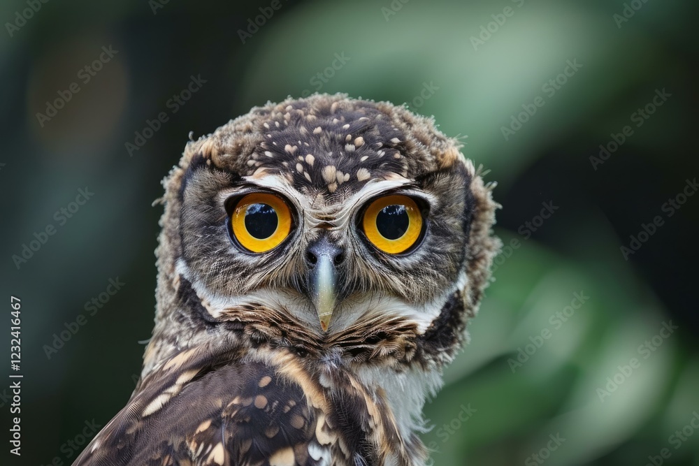 Close up of an owl showing its beautiful yellow eyes and detailed plumage with blurred green foliage in the background Close up of an owl showing its beautiful yellow eyes and detailed plumage with blurred green foliage in the background