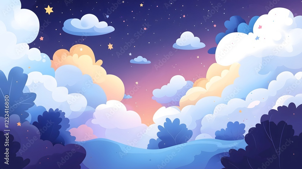 Fototapeta premium Digital illustration of a dreamy night landscape with silhouettes of trees and hills under a starry sky that transitions from the warm hues of sunset to a deep blue and soft, glowing clouds.