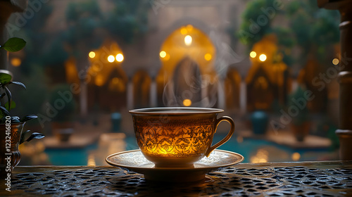 Steaming Teacup Sits on Orn...