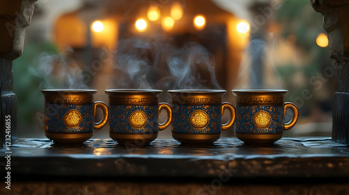 Four Ornate Teacups Steam o...