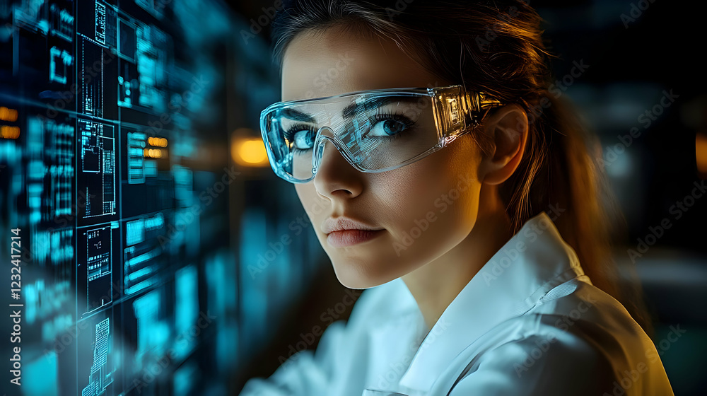 Scientist Analyzes Data on Futuristic Transparent Display in High-Tech Laboratory with Precision and Focus Scientist Analyzes Data on Futuristic Transparent Display in High-Tech Laboratory with Precision and Focus