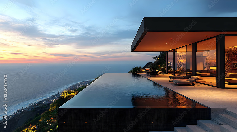 Fototapeta premium Modern Cliffside Villa Showcases Infinity Pool and Ocean Views at Sunset with Tranquil Ambiance