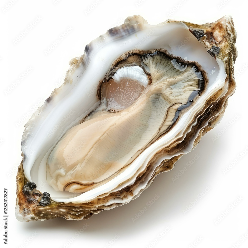 Close up of a freshly opened oyster, revealing its intricate mantle, gills, and the glistening oyster meat within the shell Close up of a freshly opened oyster, revealing its intricate mantle, gills, and the glistening oyster meat within the shell