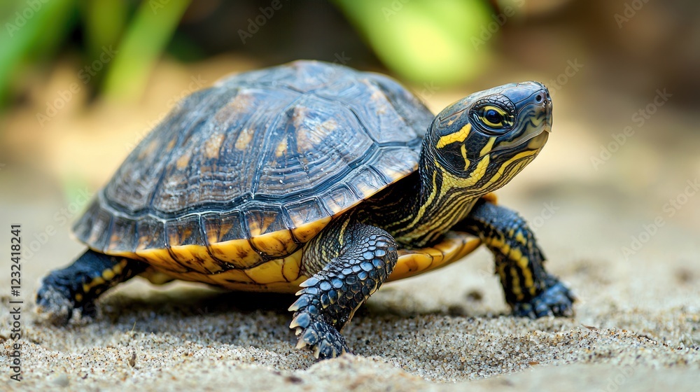 A juvenile turtle crawling on a sandy beach. A juvenile turtle crawling on a sandy beach.