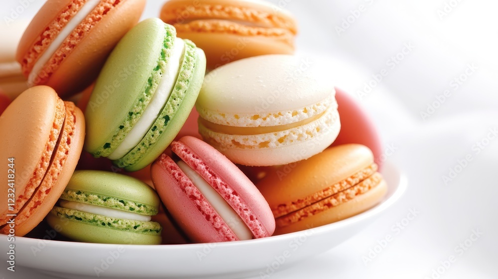 An inviting image illustrates a vibrant assortment of macarons piled in a bowl, emphasizing their delectable textures and colors that draw in dessert enthusiasts. An inviting image illustrates a vibrant assortment of macarons piled in a bowl, emphasizing their delectable textures and colors that draw in dessert enthusiasts.