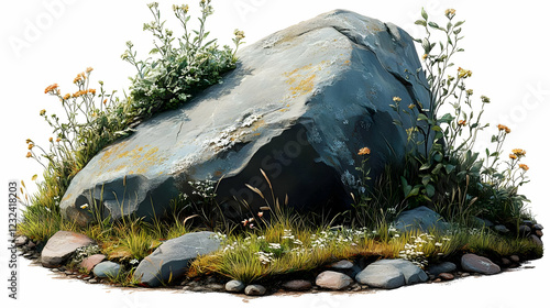 A large gray boulder sits a...